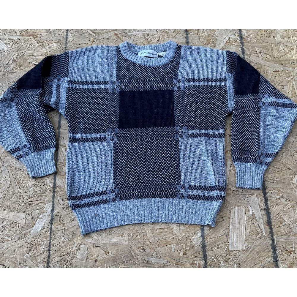 VTG Matt Morgan 90s Acrylic Sweater Plaid Checkered Black Gray Geometric Soft